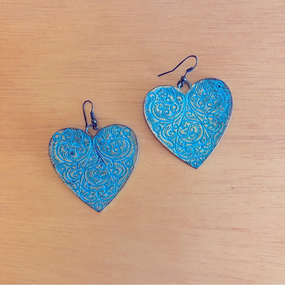 Large Heart-shaped Earrings with Blue Carvings